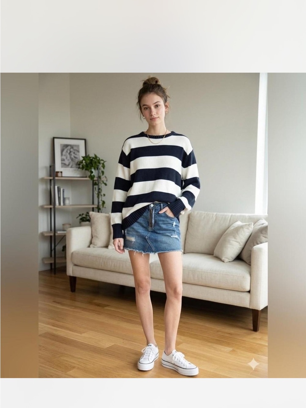 Brandy Melville Black and Cream Striped Crewneck Sweater
